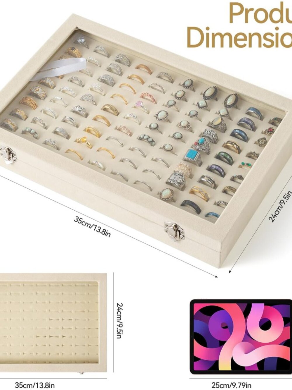 Elegant Velvet 100-Slot Ring & Earring Organizer Tray with Clear Lid - Beige - Picture 3 of 7